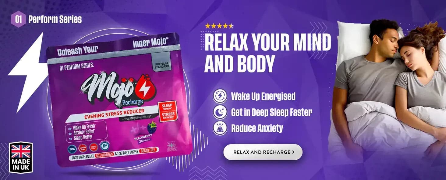 Mojo Recharge evening stress reducer โ relax your mind and body: wake up energised, get in deep sleep faster, reduce anxiety. Relax and recharge.